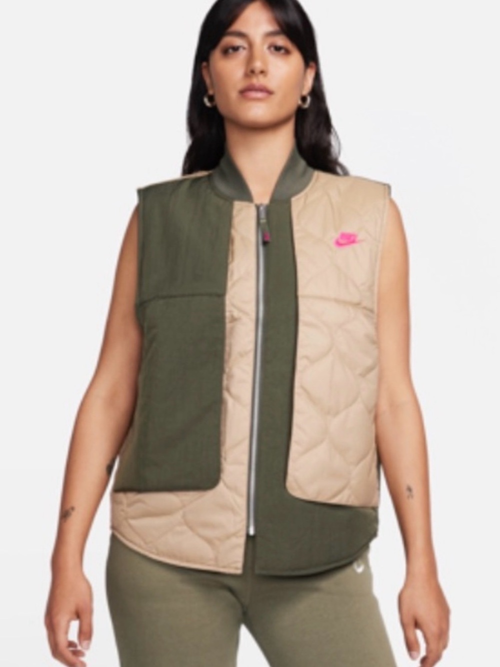 Nike Quilted Olive Green and Beige Sleeveless Vest with Pink Logo